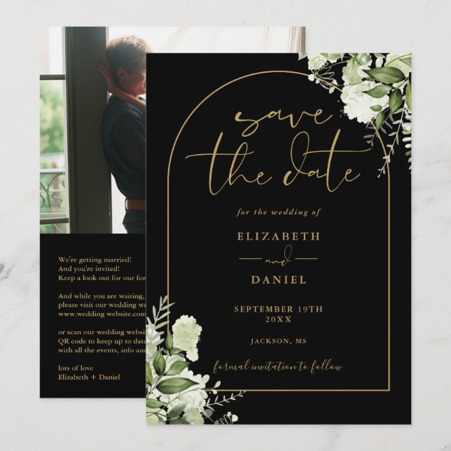 Black Gold Arch Floral Photo QR Code Wedding Save The Date (Front/Back)