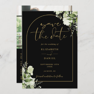 Black Gold Arch Floral Photo QR Code Wedding Save The Date