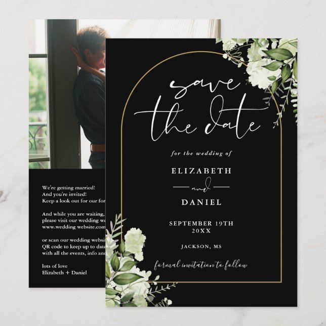 Black Gold Arch Floral Photo QR Code Wedding Save The Date (Front/Back)