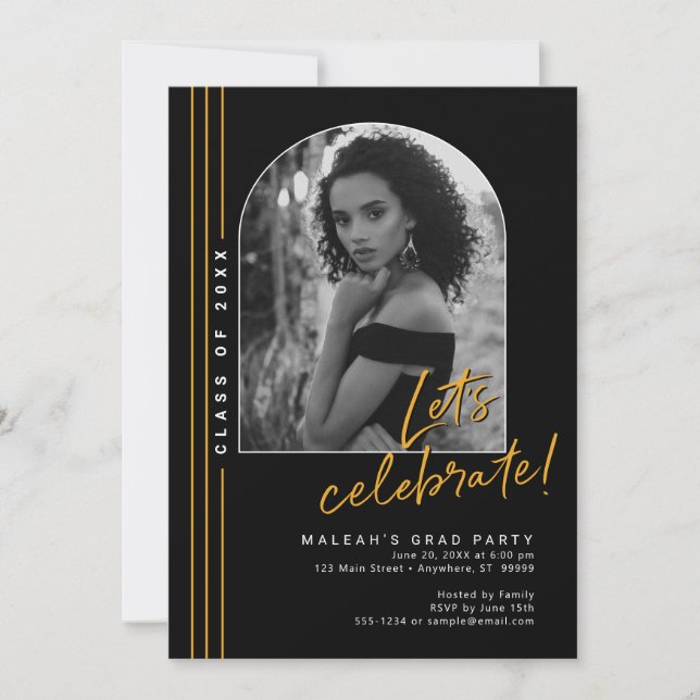 Black Gold Arch Overlay Grad Party Invitation (Front)