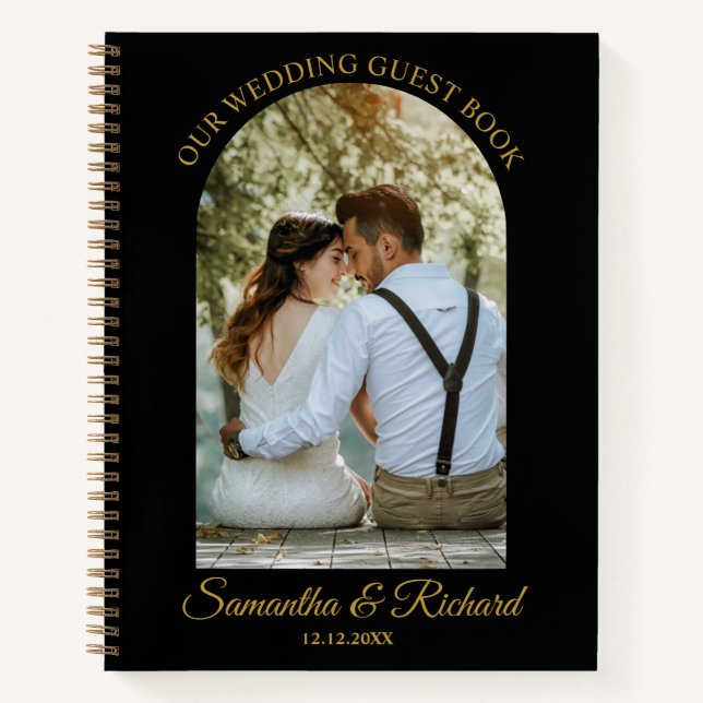 Black Gold Arch Personalised Photo Wedding Guest   Notebook (Front)