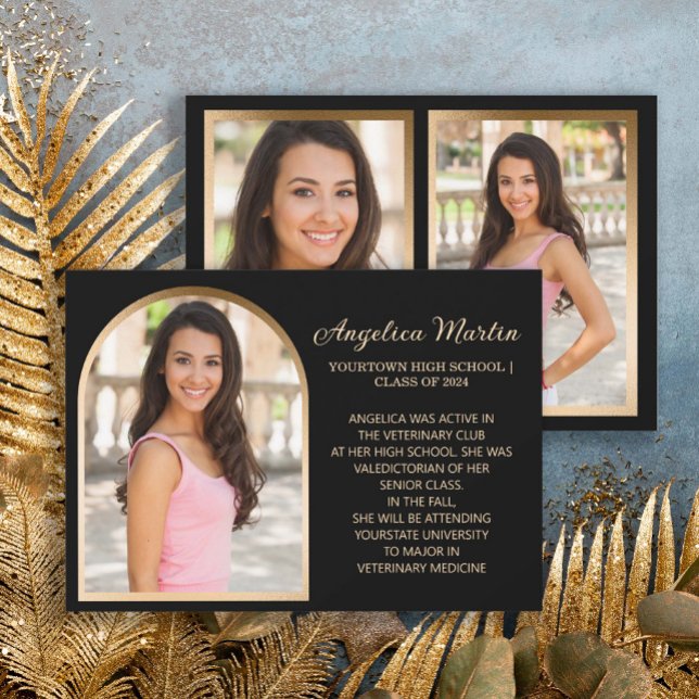 Black Gold Arch Photo Graduation Announcement (Black and gold photo announcement for the class of 2024)