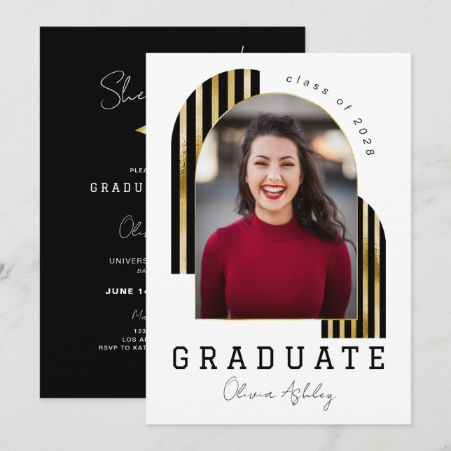 Black Gold Arch Photo Graduation Invitation (Front/Back)