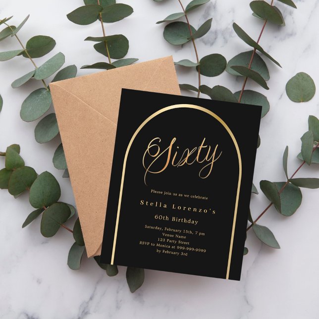 Black gold arch script 60th birthday invitation (Creator Uploaded)