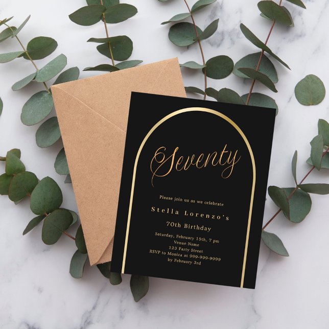 Black gold arch script 70th birthday invitation (Creator Uploaded)