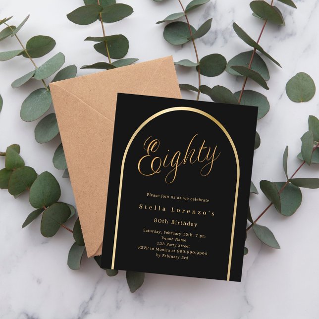 Black gold arch script 80th birthday invitation (Creator Uploaded)