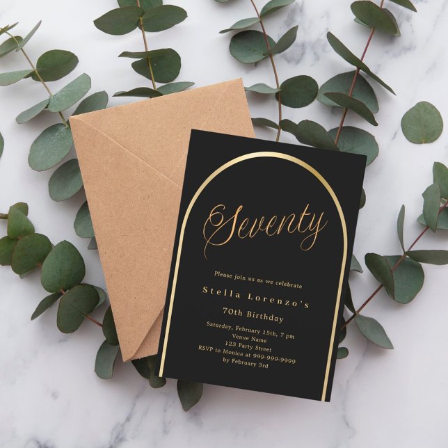 Black gold arch script luxury 70th birthday invitation (Creator Uploaded)