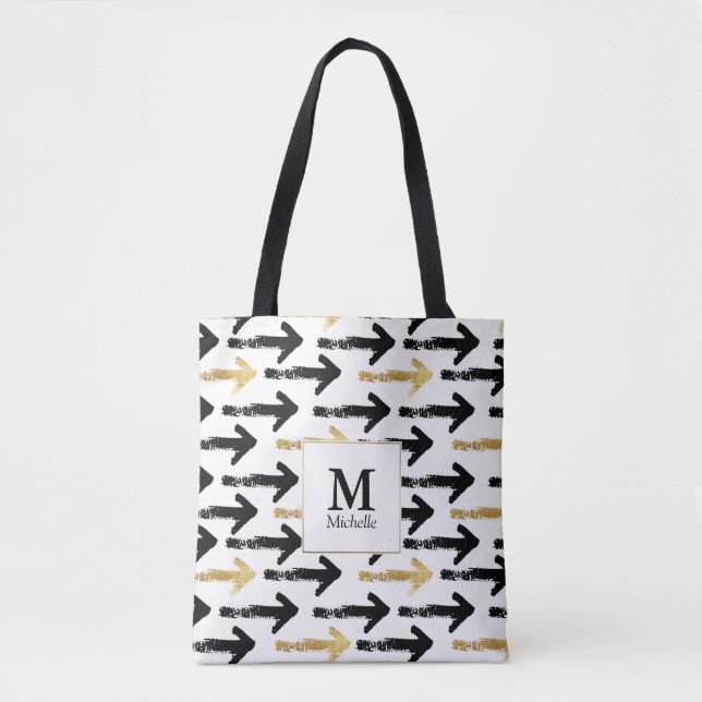 Black & Gold Arrow Monogram Tote Bag (Front)