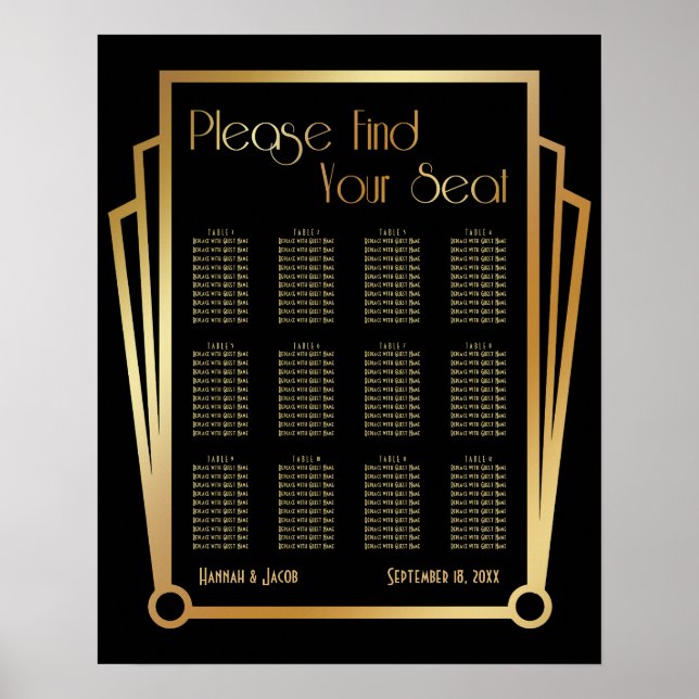 Black & Gold Art Deco 12 Tables Seating Chart (Front)