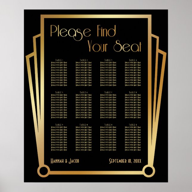 Black & Gold Art Deco 12 Tables Seating Chart (Front)