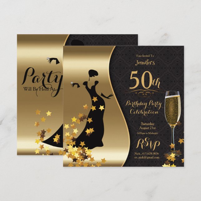 Black & Gold Art Deco 50th Birthday  Invitation (Front/Back)