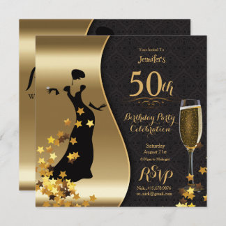 Black & Gold Art Deco 50th Birthday  Invitation
