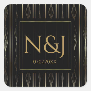 Black & Gold Art Deco Bridal Shower Square Sticker