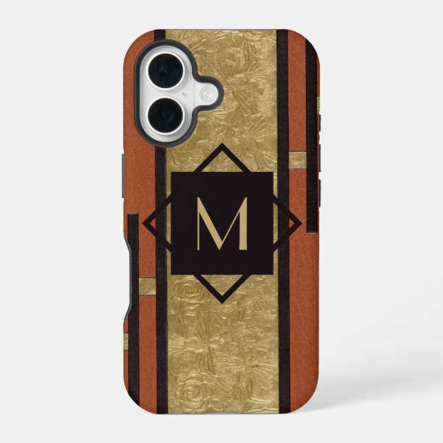 Black & Gold Art Deco Custom Monogram iPhone 16 Case (Back)