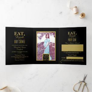 Black & Gold Art Deco, Eat Drink Baby Shower Suite Tri-Fold Invitation