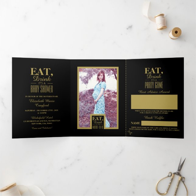 Black & Gold Art Deco, Eat Drink Baby Shower Suite Tri-Fold Invitation (Inside)