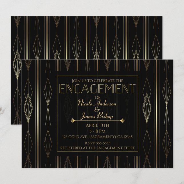 Black & Gold Art Deco Engagement Shower Party Invitation (Front/Back)