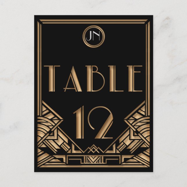 Black Gold Art Deco Gatsby Style Table Number 12 Postcard (Front)