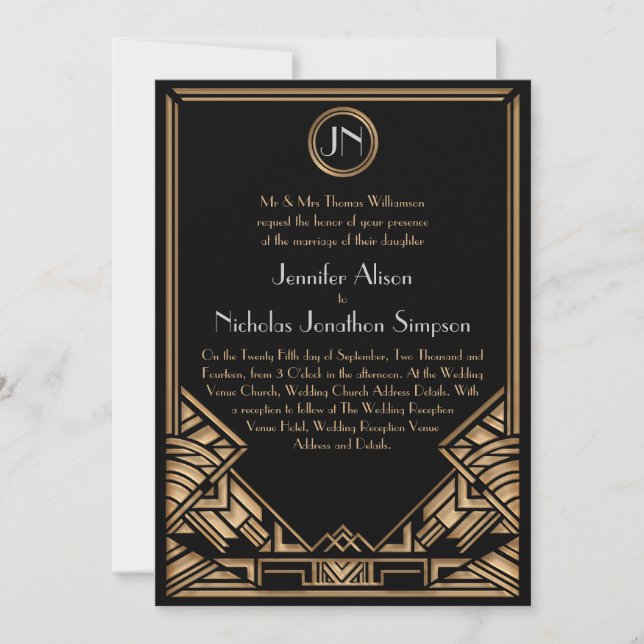Black Gold Art Deco Gatsby Style Wedding Invites (Front)