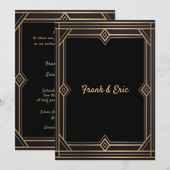 Black Gold Art Deco Gay/Lesbian Wedding Invitation (Front/Back)