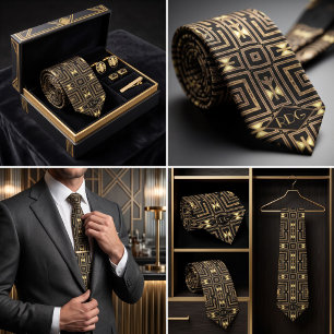 Black Gold Art Deco Geometric Monogram Tie