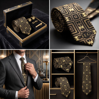 Black Gold Art Deco Geometric Monogram Tie