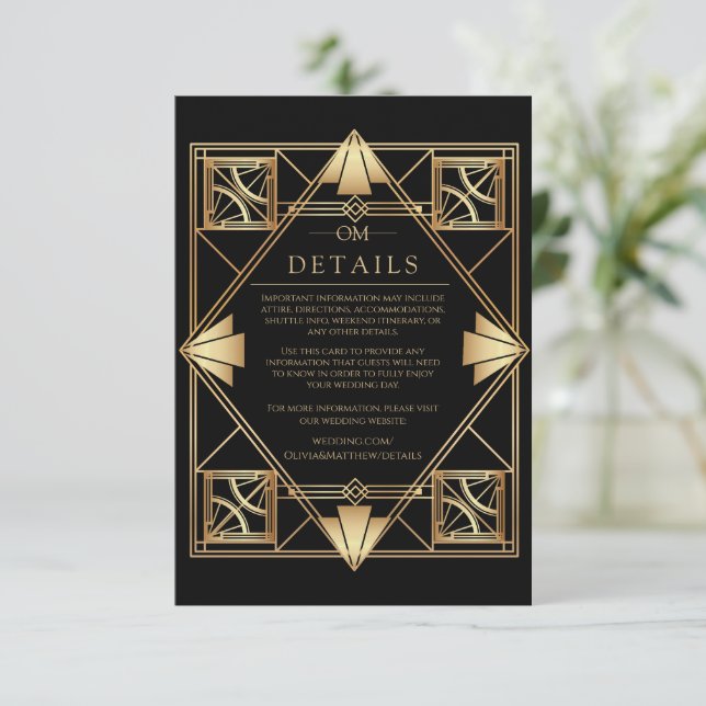 Black & Gold Art Deco Geometric Wedding  Enclosure Card (Standing Front)