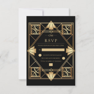Black & Gold Art Deco Geometric Wedding RSVP Card
