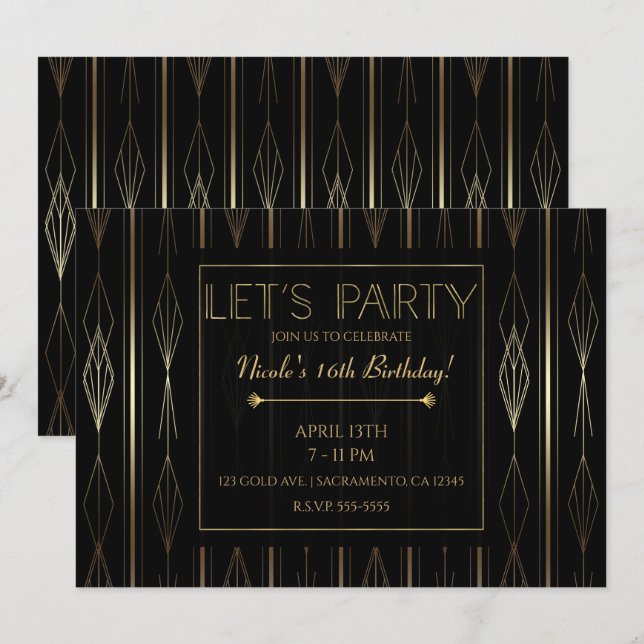 Black & Gold Art Deco Let's Party Birthday Invitation (Front/Back)