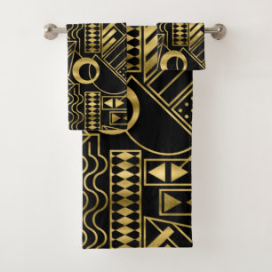 Black gold art deco pattern bath towel set