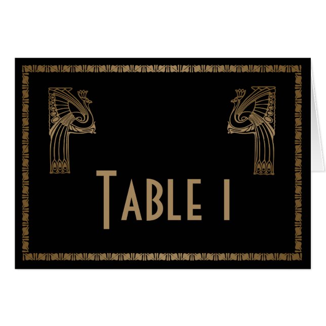 Black Gold Art Deco Peacock Wedding Table Number (Front Horizontal)