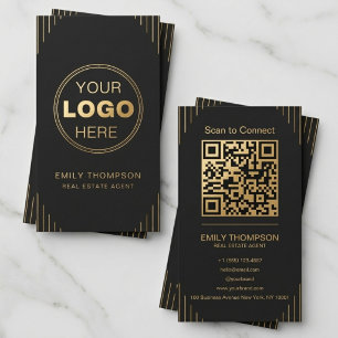 Black Gold Art Deco QR Code Elegant Minimal Design Business Card
