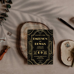 Black & Gold Art Deco Roaring 20s Custom Invitation