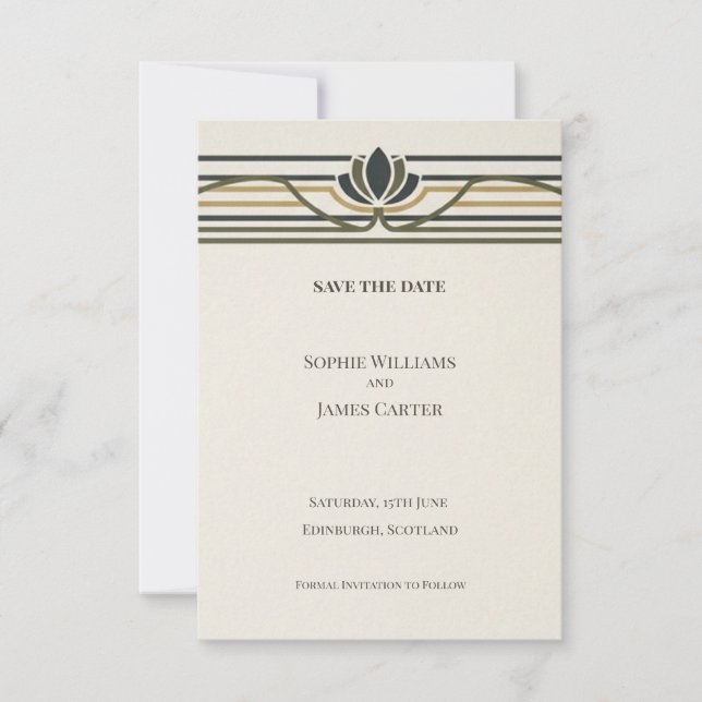 Black Gold Art Deco Save The Date Card (Front)