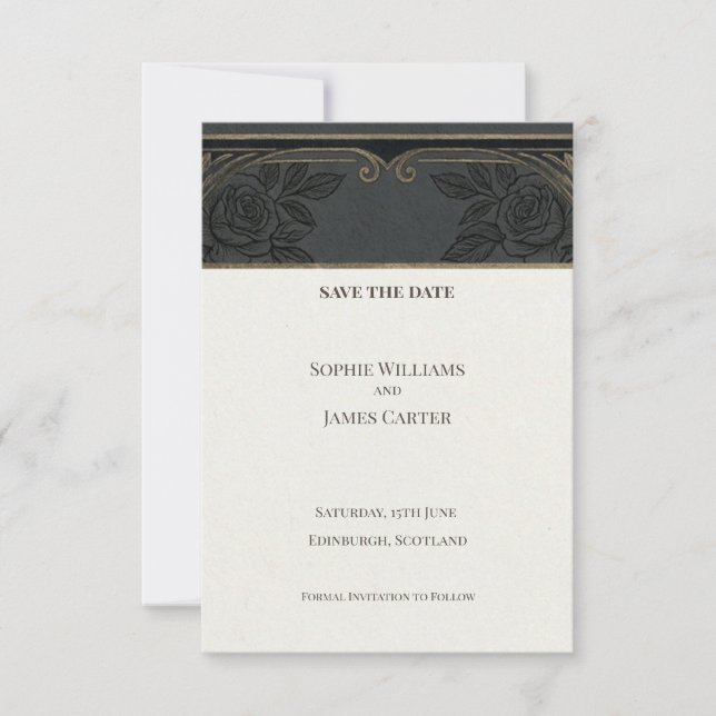 Black Gold Art Deco Save The Date Card (Front)