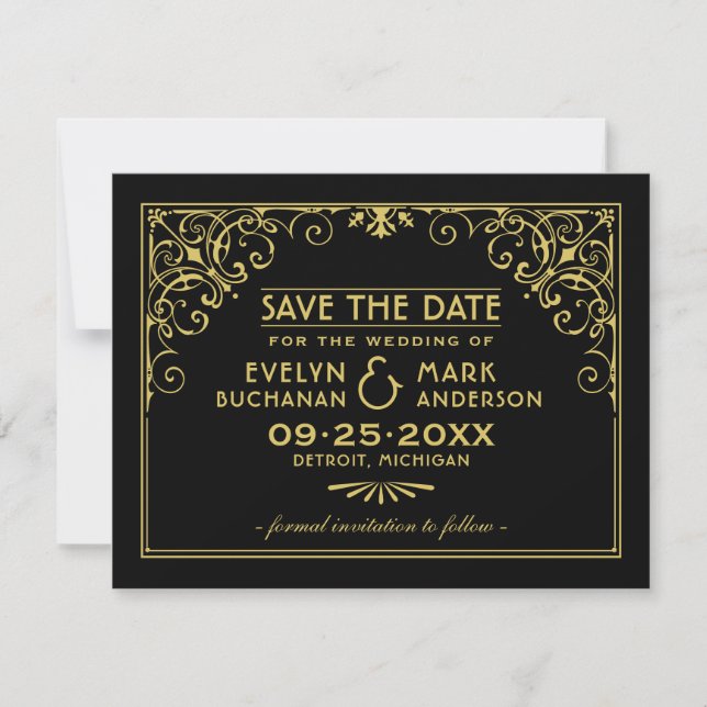Black Gold Art Deco Scrollwork Wedding Save The Date (Front)