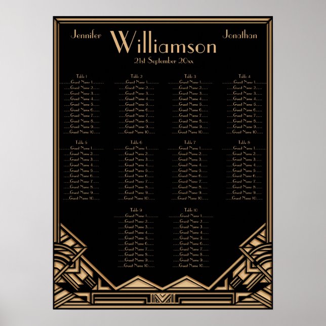 Black Gold Art Deco Style Wedding Seating Chart (Front)