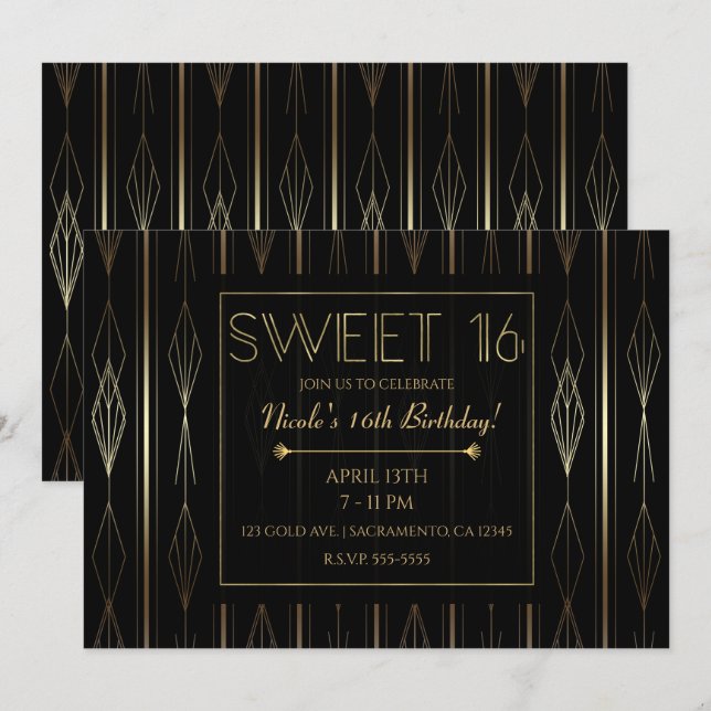 Black & Gold Art Deco Sweet 16 Birthday Party Invitation (Front/Back)