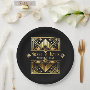 Black & Gold Art Deco Wedding  Paper Plate