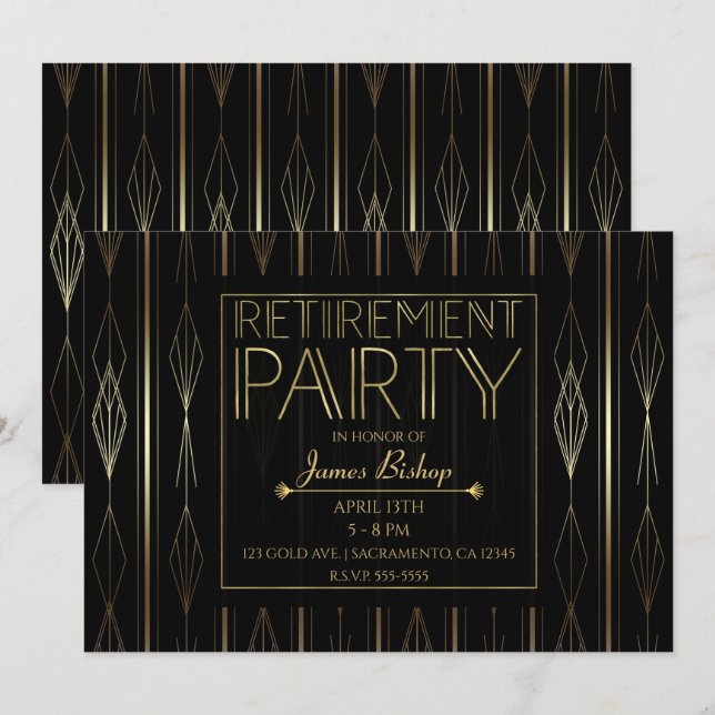 Black & Gold Art Deco Work Job Retirement Party Invitation (Front/Back)