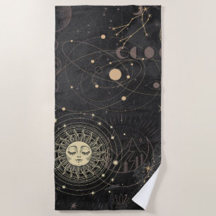 Black Gold Astrological Pattern Beach Towel