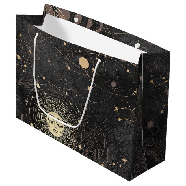 Black Gold Astrological Pattern Large Gift Bag (Front Angled)