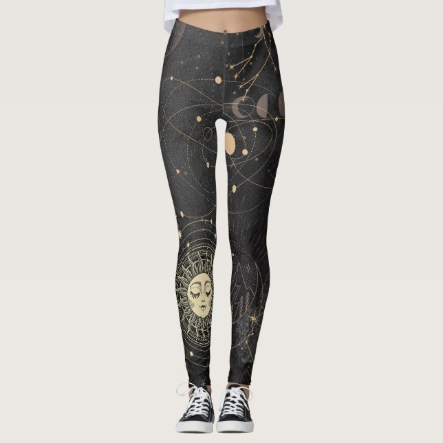 Black Gold Astrological Pattern Leggings (Front)