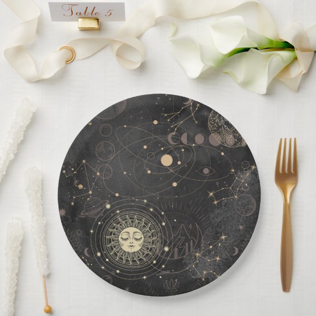 Black Gold Astrological Pattern Paper Plate (Wedding)
