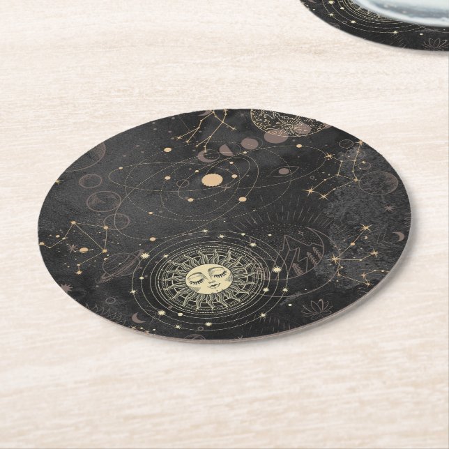 Black Gold Astrological Pattern Round Paper Coaster (Angled)