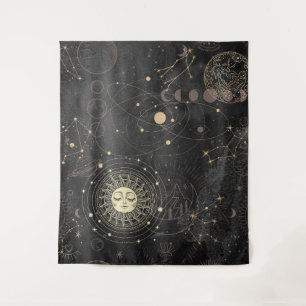Black Gold Astrological Pattern Tapestry