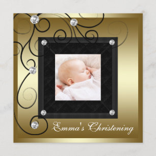 Black Gold Baby Boy Girl Photo Christening Invitation