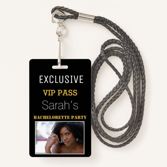 Black Gold Bachelorette Party Pass VIP Invites  ID Badge (Front with Lanyard)