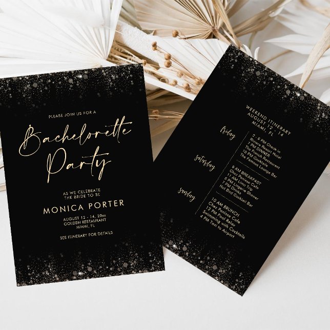 Black Gold Bachelorette Weekend Itinerary Schedule Invitation (Black Gold Bachelorette Weekend Itinerary Schedule Invitation)