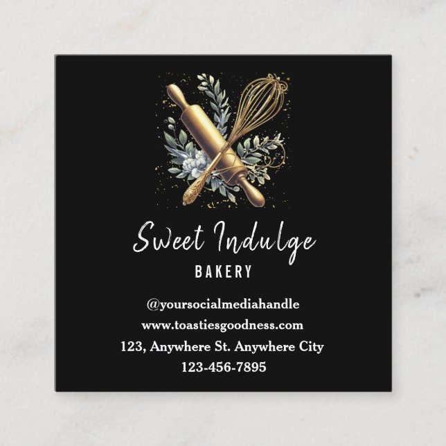 Black Gold Baking Utensil Square Bakery Business Card (Front)
